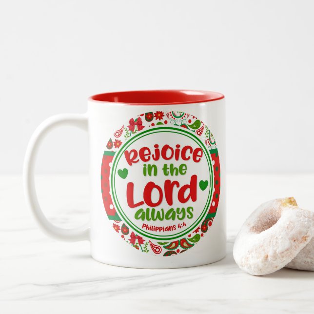 Caneca De Café Em Dois Tons Paisley Rejoice em Lord Always Faith (Com Donut)