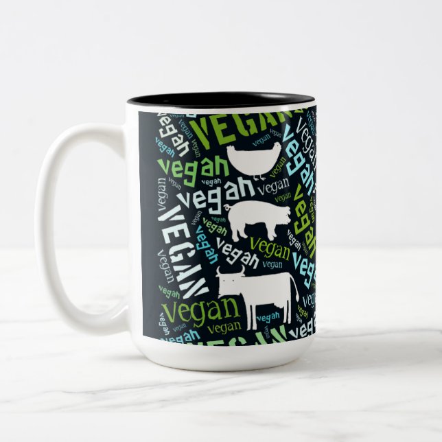 Caneca De Café Em Dois Tons Palavra-Nuvem do "Vegan" - porco, galinha, & vaca (Esquerda)