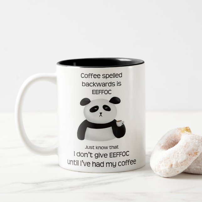 Caneca De Café Em Dois Tons Panda - Café Ortografado Para Trás É Eef (Com Donut)