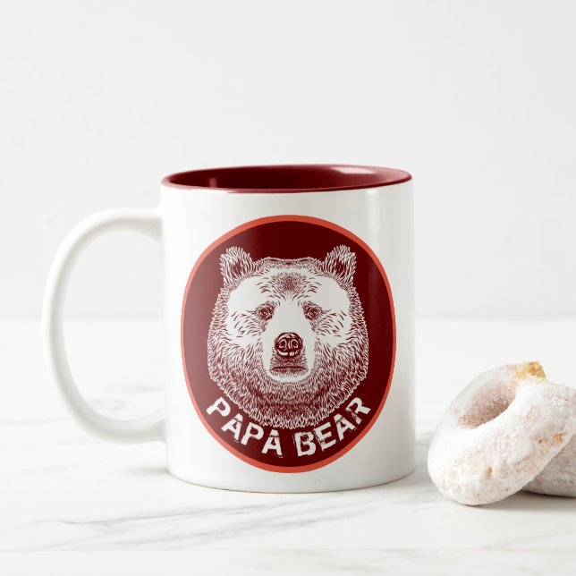 Caneca De Café Em Dois Tons Papá Urso, Ilustração Desenhada À Mão (Com Donut)
