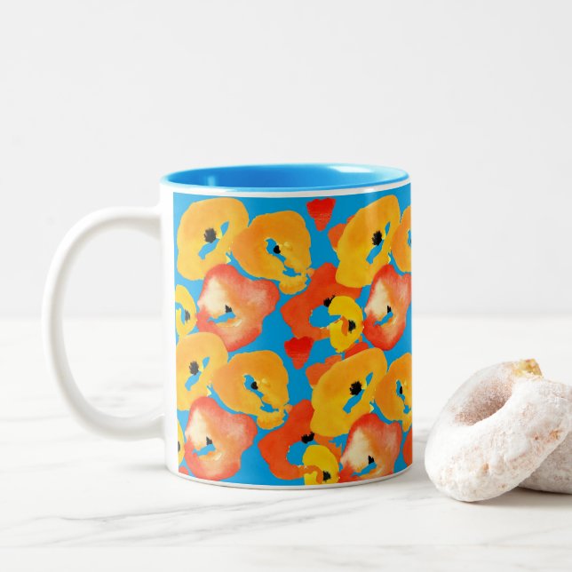 Caneca De Café Em Dois Tons Papagaios vermelhos e laranja arte floral (Com Donut)