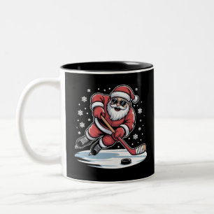 Caneca De Café Em Dois Tons Papai Noel engraçado do Natal jogando hóquei no ge
