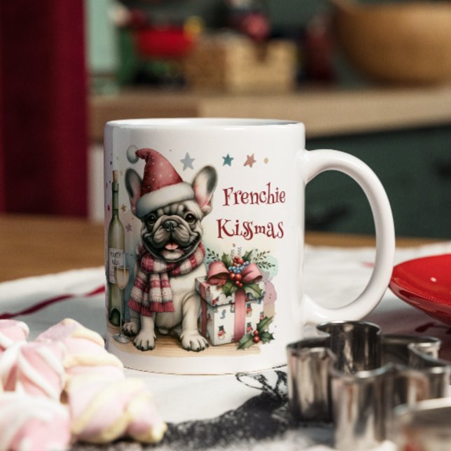 Caneca De Café Em Dois Tons Papais noeis do Buldogue Francês Diversão Festiva  (Fun gift for Christmas, French Bulldog lovers, Frenchie owners Xmas gift, Cute dog in Santa hat, )