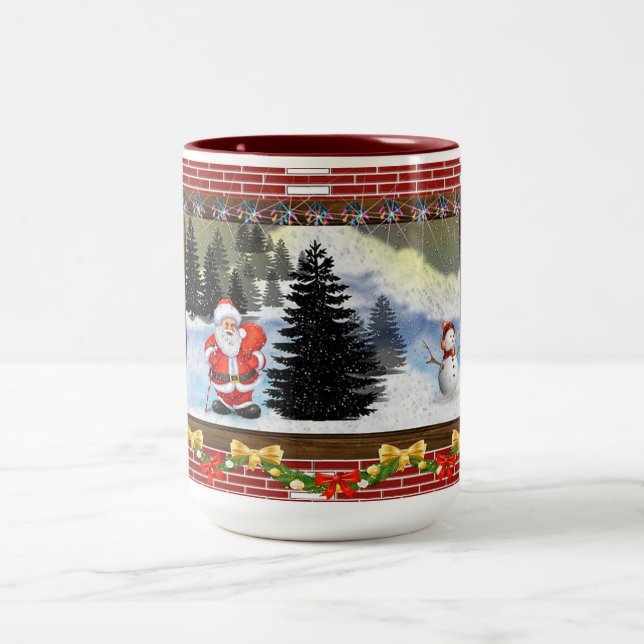 Caneca De Café Em Dois Tons Papais noeis e boneco de neve (Centro)