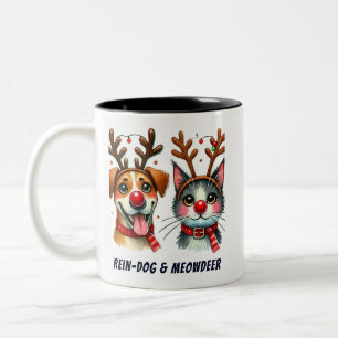 Caneca De Café Em Dois Tons Papais noeis Engraçados, Gato e Cachorro