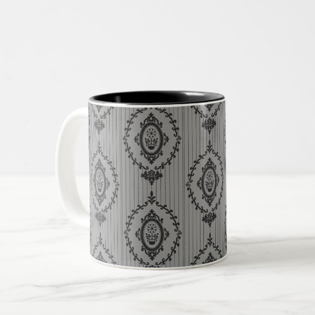 Caneca De Café Em Dois Tons Papel de Parede Barroco em Cinza (Frente Esquerda)