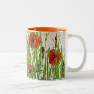 Caneca De Café Em Dois Tons papoilas e cattails