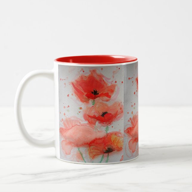 Caneca De Café Em Dois Tons Papoulas Vermelhas Brilhantes Aguarela Floral Aniv (Esquerda)