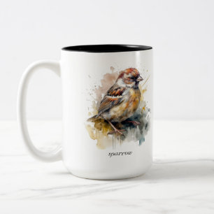 Caneca De Café Em Dois Tons Pardal Aquarela Rústica, personalizado