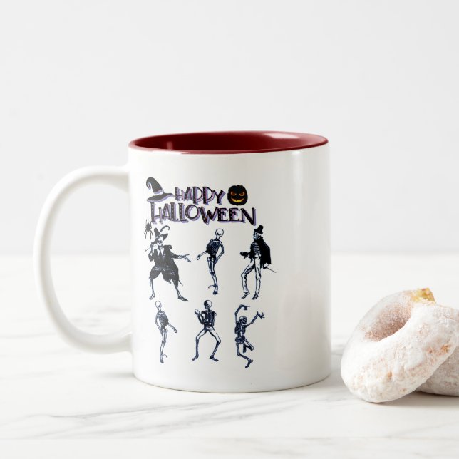 Caneca De Café Em Dois Tons Partido Skeletons Assustador (Com Donut)