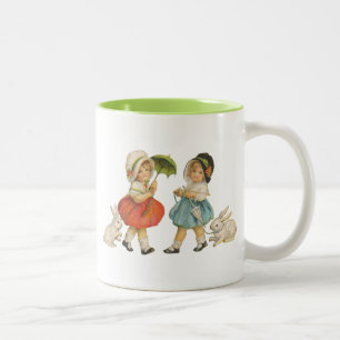Caneca De Café Em Dois Tons Páscoa Vintage Crianças Coelhinhos Toucas Antigo