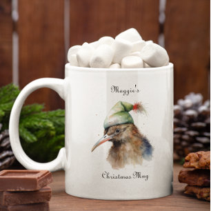 Caneca De Café Em Dois Tons Passarinho Kiwi Fofo com Chapéu de Elfo de Natal, 
