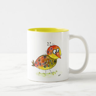 Caneca De Café Em Dois Tons Pássaro Amarelo Branco Cugado