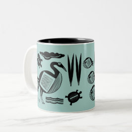 Caneca De Café Em Dois Tons Pássaro antigo, tartaruga, grama, água com casca
