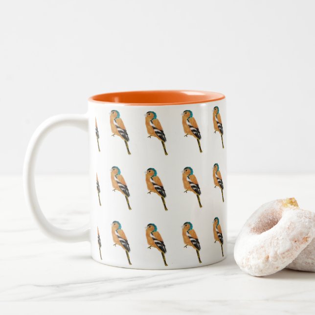 Caneca De Café Em Dois Tons Pássaro Art Chaffinch Patterno (Com Donut)