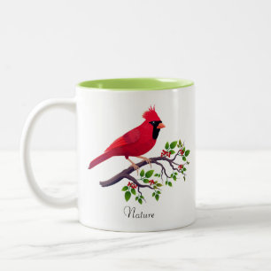 Caneca De Café Em Dois Tons Pássaro Cardinal Vermelho no Galho da Árvore