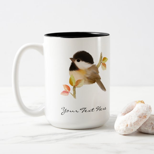 Caneca De Café Em Dois Tons Pássaro Chickadee de Capa Negra (Com Donut)