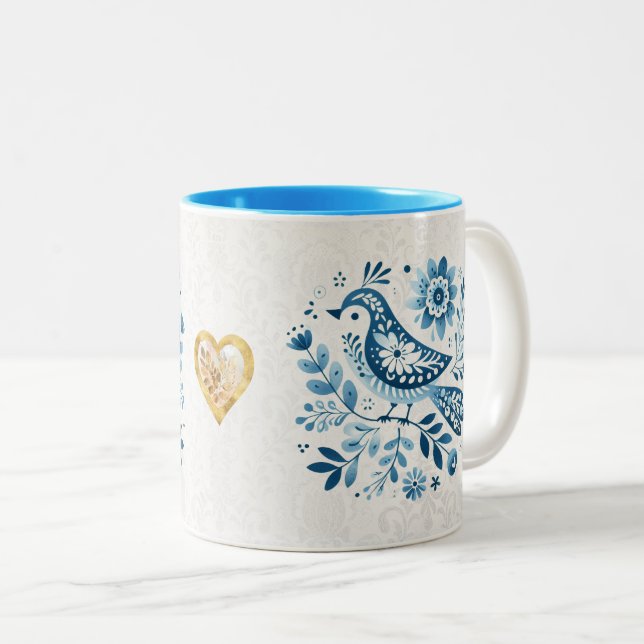 Caneca De Café Em Dois Tons Pássaro Foliar Escandinavo Azul (Frente Esquerda)