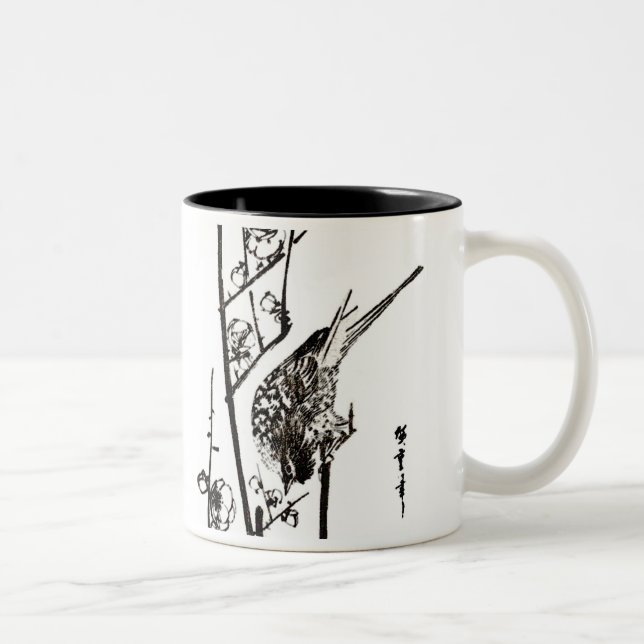 Caneca De Café Em Dois Tons Pássaro Japonês em uma ramificação - Preto e Branc (Direita)