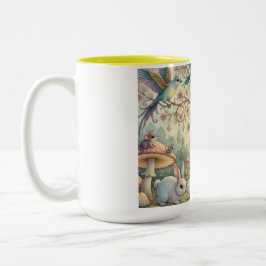 Caneca De Café Em Dois Tons Pássaros Azuis e Coelhos em um Jardim dos Sonhos