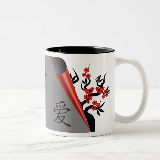 Caneca De Café Em Dois Tons Pássaros Com Amor Vermelho Em Salas De Árvore Saku (Direita)