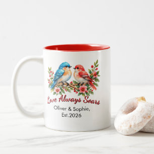 Caneca De Café Em Dois Tons Pássaros de Amor Personalizados Aquarela Casamento