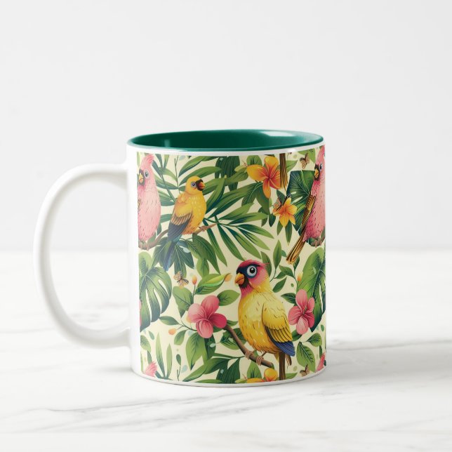 Caneca De Café Em Dois Tons Pássaros e Borboletas Tropical   (Esquerda)