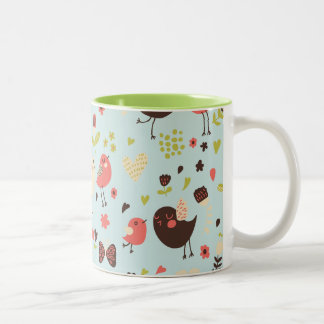Caneca De Café Em Dois Tons Pássaros Felizes em Campos de Flores