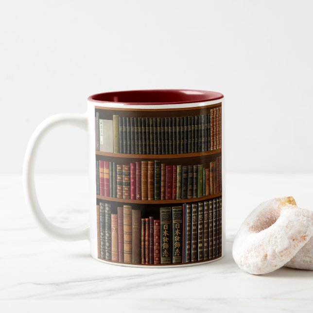 Caneca De Café Em Dois Tons Pasta de Livros Antigos (Com Donut)