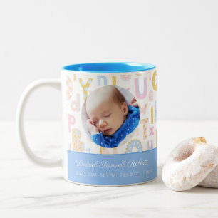 Caneca De Café Em Dois Tons Pastel Blue ABC Birth Record Stat Baby Boys Foto
