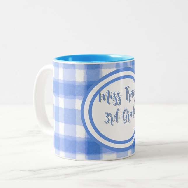 Caneca De Café Em Dois Tons Pastel Blue Plaid Custom  (Frente Esquerda)