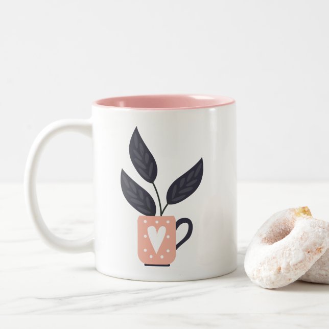 Caneca De Café Em Dois Tons Pastel de plantas modernas simples (Com Donut)