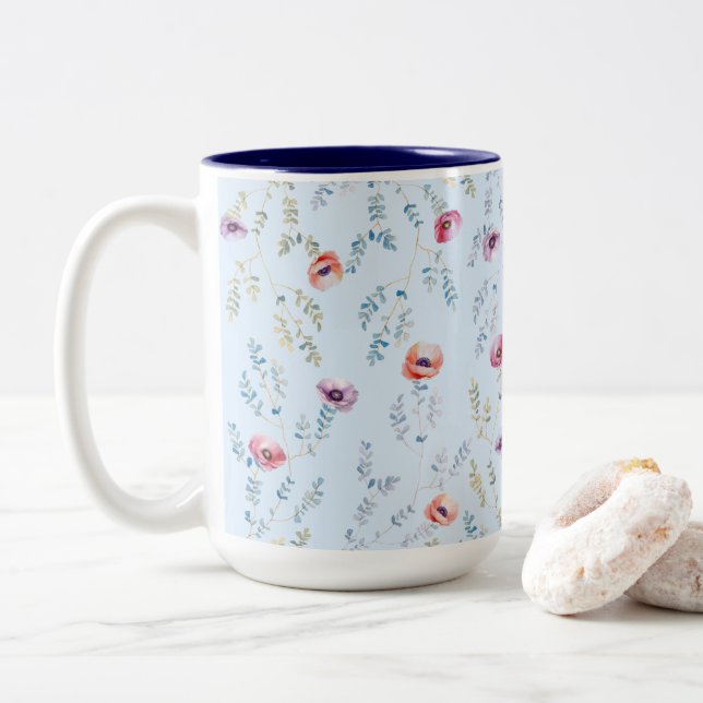Caneca De Café Em Dois Tons Pastel Floral Botânico (Com Donut)