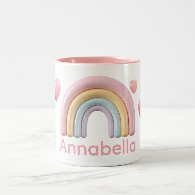 Caneca De Café Em Dois Tons Pastel Rainbow and Hearts with Pink Custom Name (Centro)