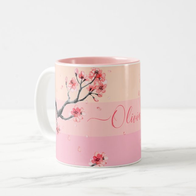 Caneca De Café Em Dois Tons Pastel rosa-cereja florir Mug (Frente Esquerda)