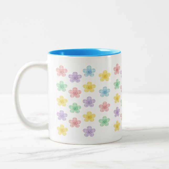 Caneca De Café Em Dois Tons Pastel Smiley Flower Pattern – Cute Gingham  (Esquerda)