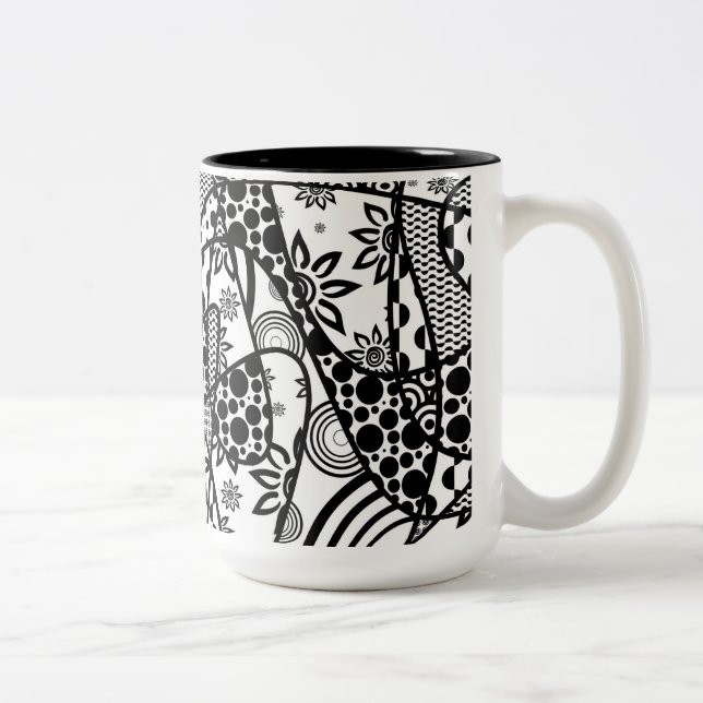 Caneca De Café Em Dois Tons Patchwork de Padrão Preto e Branco 03 (Direita)