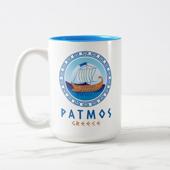 Caneca De Café Em Dois Tons Patmos, Design de navio grego Grécia (Esquerda)