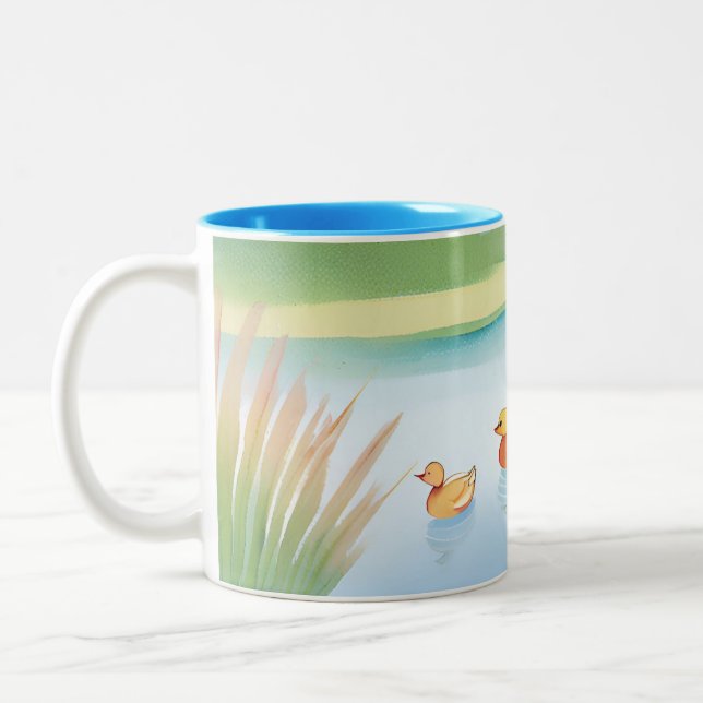 Caneca De Café Em Dois Tons Patos bebês de pastel numa lagoa (Esquerda)