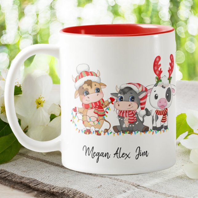Caneca De Café Em Dois Tons Pátria Fria 3 Vacas Vitelo Natal Santa Chapéu (Criador carregado)