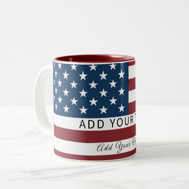 Caneca De Café Em Dois Tons Patriotic US Flag Custom Text Name  (Frente Esquerda)