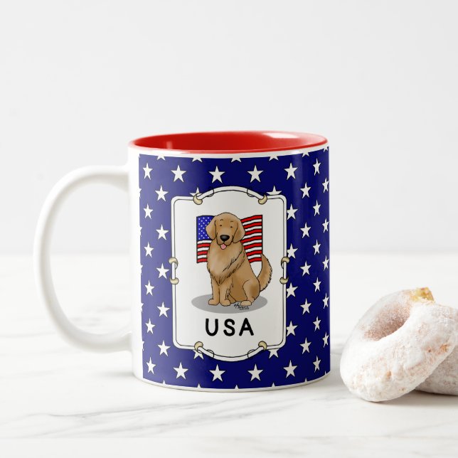 Caneca De Café Em Dois Tons Patriótico do Cão Ouro de Bandeira Americano (Com Donut)