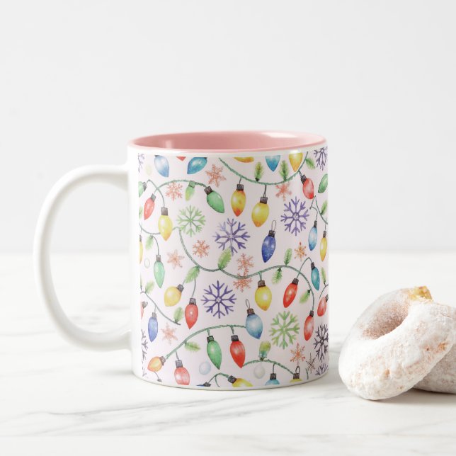 Caneca De Café Em Dois Tons Pattern Retro Christmas Lights (Com Donut)