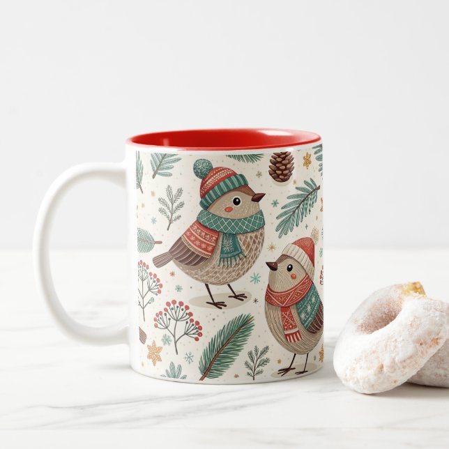 Caneca De Café Em Dois Tons Pattern Scandinavian Christmas Birds (Com Donut)