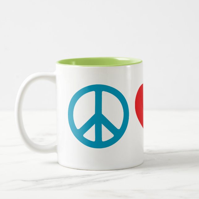 Caneca De Café Em Dois Tons Paz, Amor, Avocado 11oz (Esquerda)