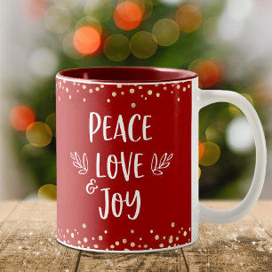 Caneca De Café Em Dois Tons Paz Amor Joy Modern Typografia Dourada Confetti Re