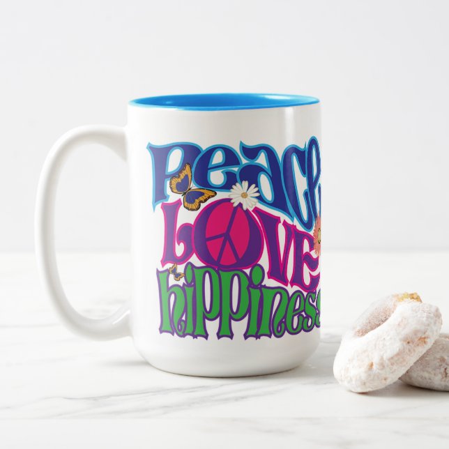 Caneca De Café Em Dois Tons Peace Love Hippiesse 15oz (Com Donut)