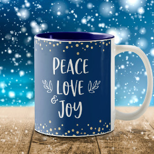 Caneca De Café Em Dois Tons Peace Love Joy Modern Typografia Dourada Dots Mari