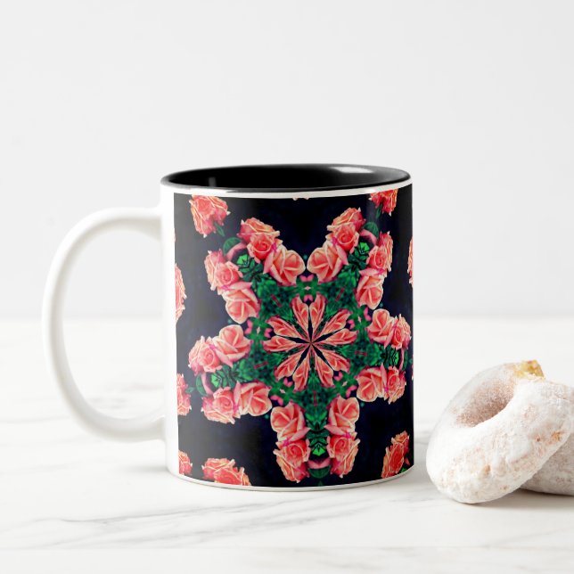 Caneca De Café Em Dois Tons Peach Rosebuts Caleidoscópio Arte Flor (Com Donut)