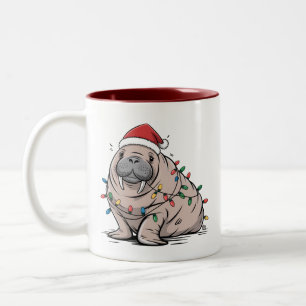 Caneca De Café Em Dois Tons Peixe-boi Festivo Natal Papai Noel Oceano Amante A